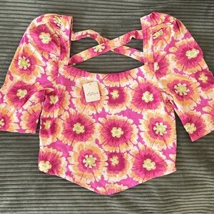 NWT Free People Give Me More Ivory Combo Floral Pink and Brown Women's Top